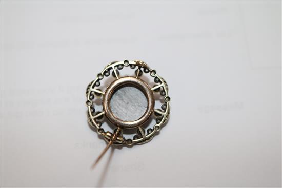 An Edwardian gold and silver, pearl, diamond and guilloche enamel circular brooch, 1in.